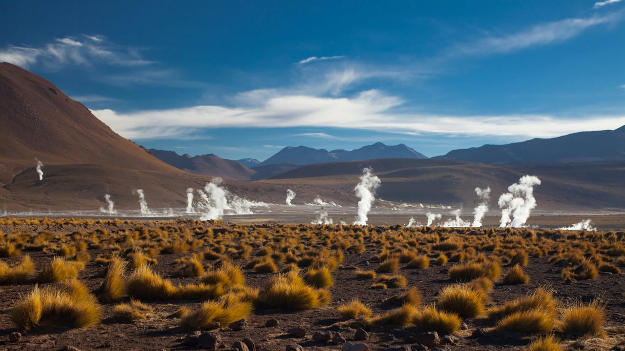 Geysers and high-altitude desert landscape in the Atacama Desert, Chile