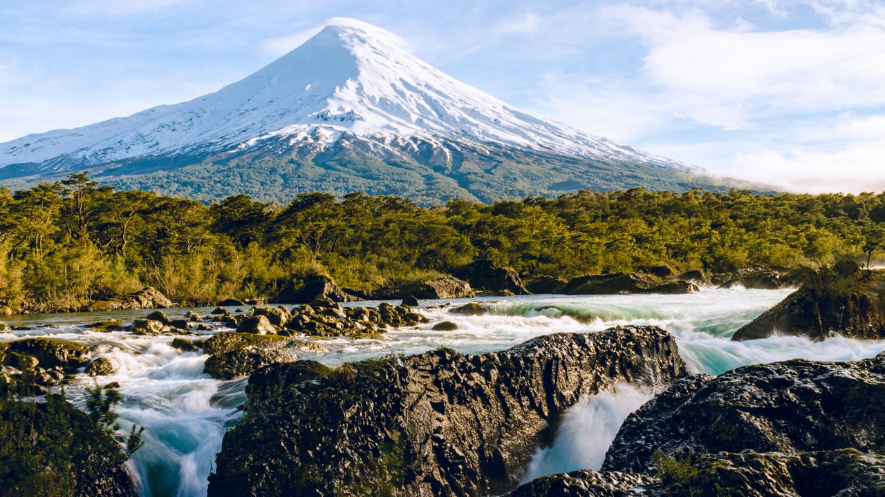 River, forests and volcanic landscape in southern Chile