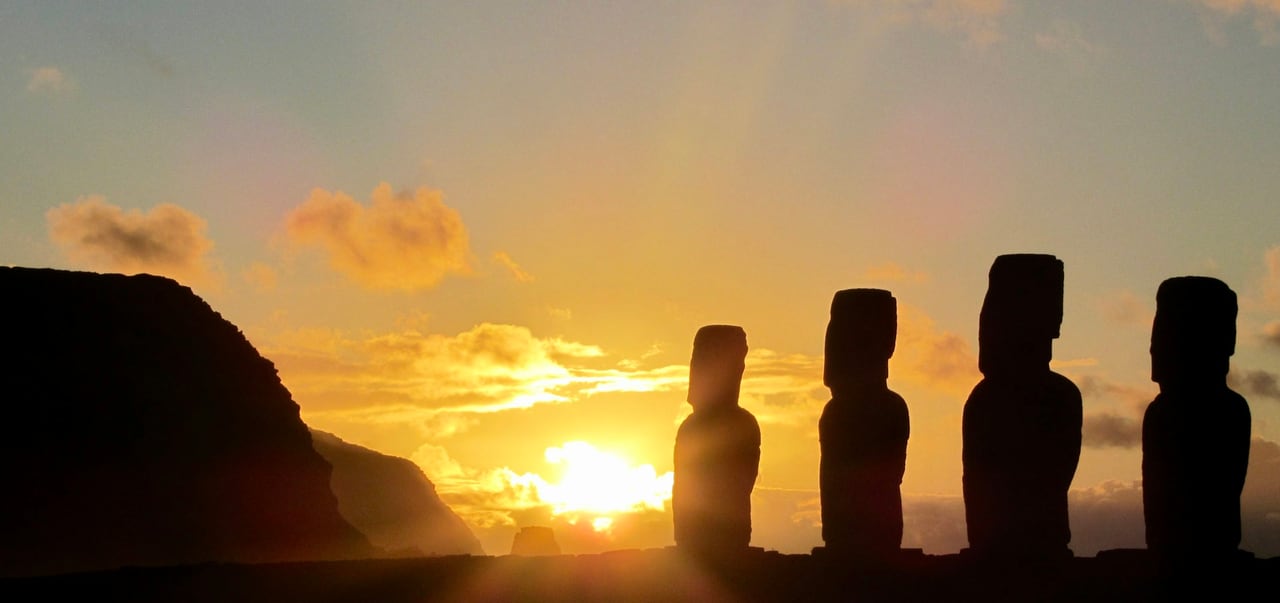 Moai statues silhouetted at sunset on Rapa Nui